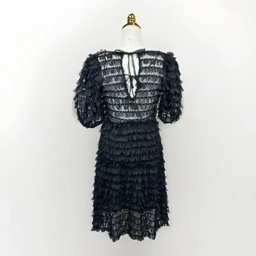 ✨ NWT Zara Black Tulle Fringe Mini Dress Small Puff Sleeve Ruffle 🖤 - Picture 12 of 16